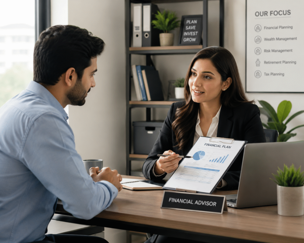 Client discussing questions to ask a financial advisor before hiring