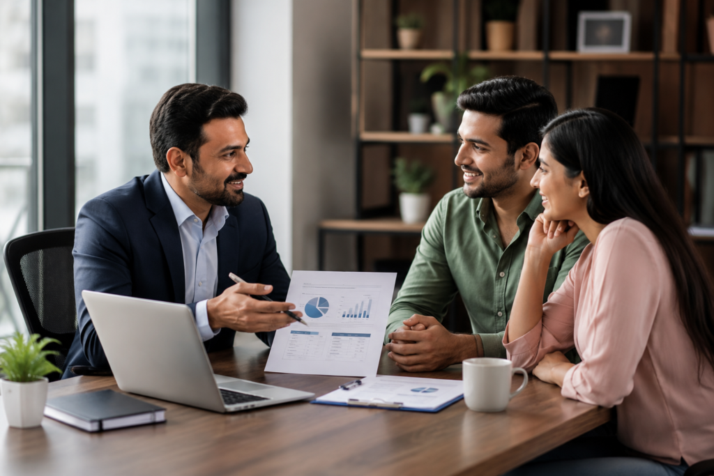 Indian financial planner discussing goal-based financial plan with client