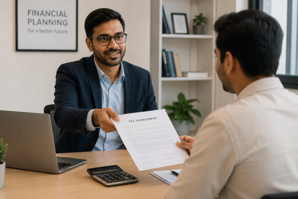 Fee-only financial advisor explaining transparent fee structure to client in India