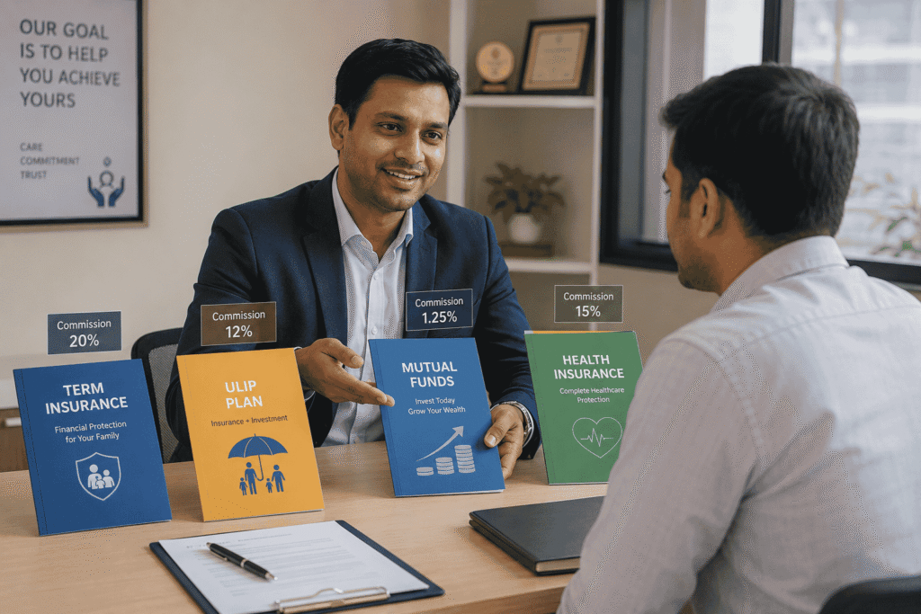 Commission based financial advisor showing mutual fund and insurance products to client