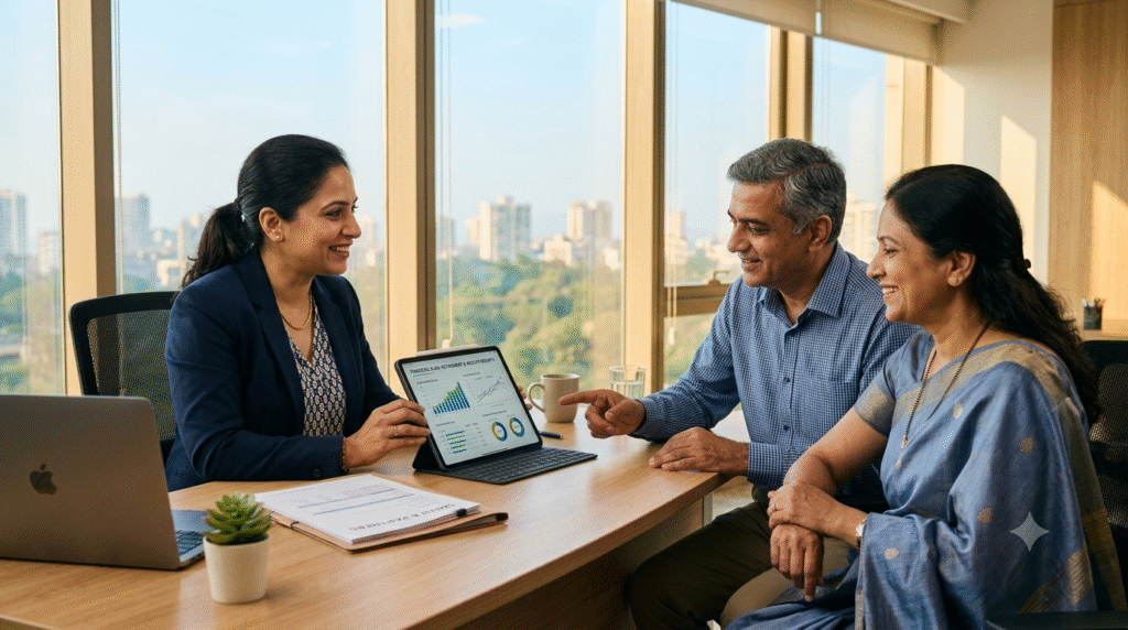 Financial advisor guiding a client through investment planning in India"